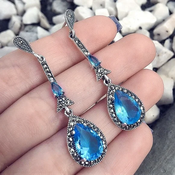 Any 3/$25! Silver & Powder Blue Crystal Gem Drop Earrings - Picture 3 of 7